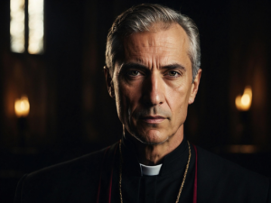 A priest dressed in black clothes with a white collar, symbolizing the division between clergy and laity in religious settings. The image contrasts with the article's view that such hierarchical separation is not supported by Scripture.