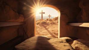 View from the empty tomb at sunrise toward crosses on a hill, symbolizing the resurrection of Jesus Christ and the hope of the gospel.